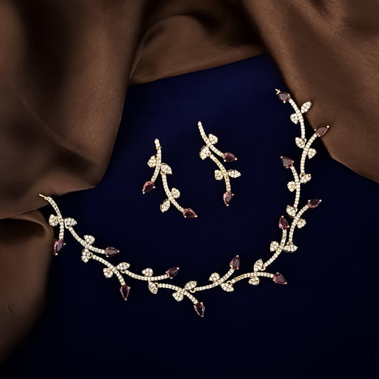 Ruby Red Diana Petals American Diamond Necklace Set