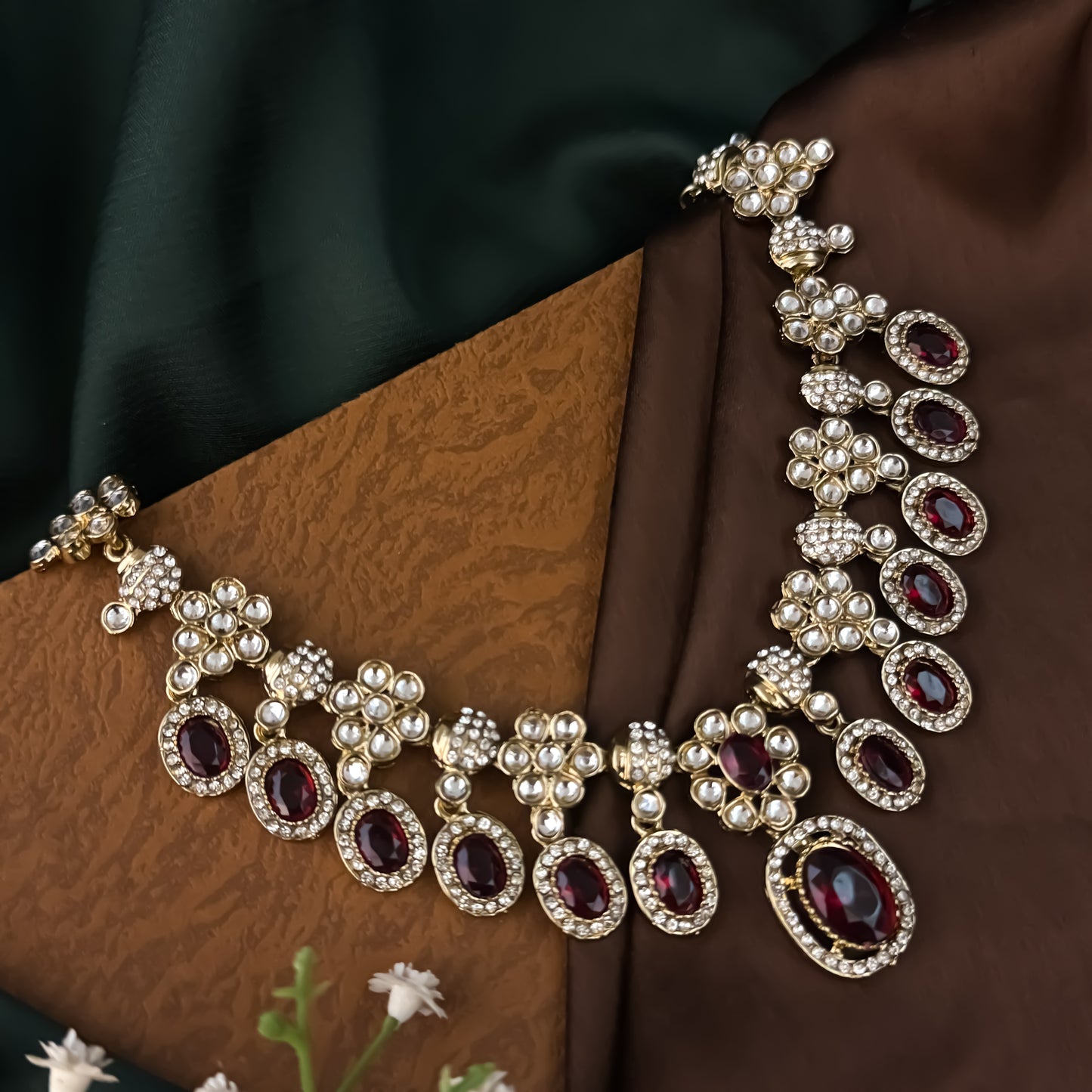 Maroon Tayani Zircon Kundan Necklace Set with Earrings