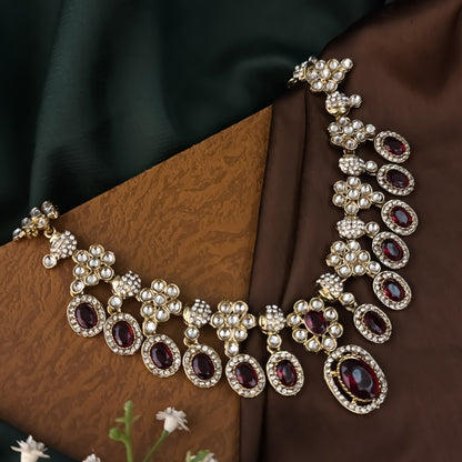 Maroon Tayani Zircon Kundan Necklace Set with Earrings