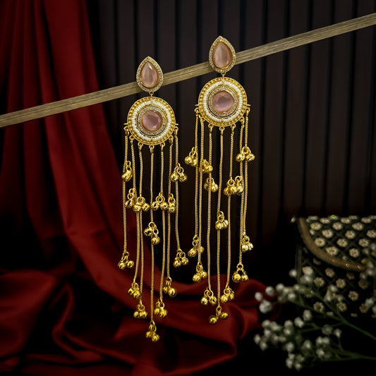 Shrenu Premium Kashmiri Brass Ghungroo Earrings - Pastel Pink