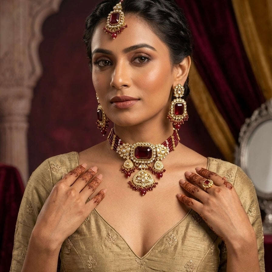 Shriya Kundan Choker Necklace Set - Maroon