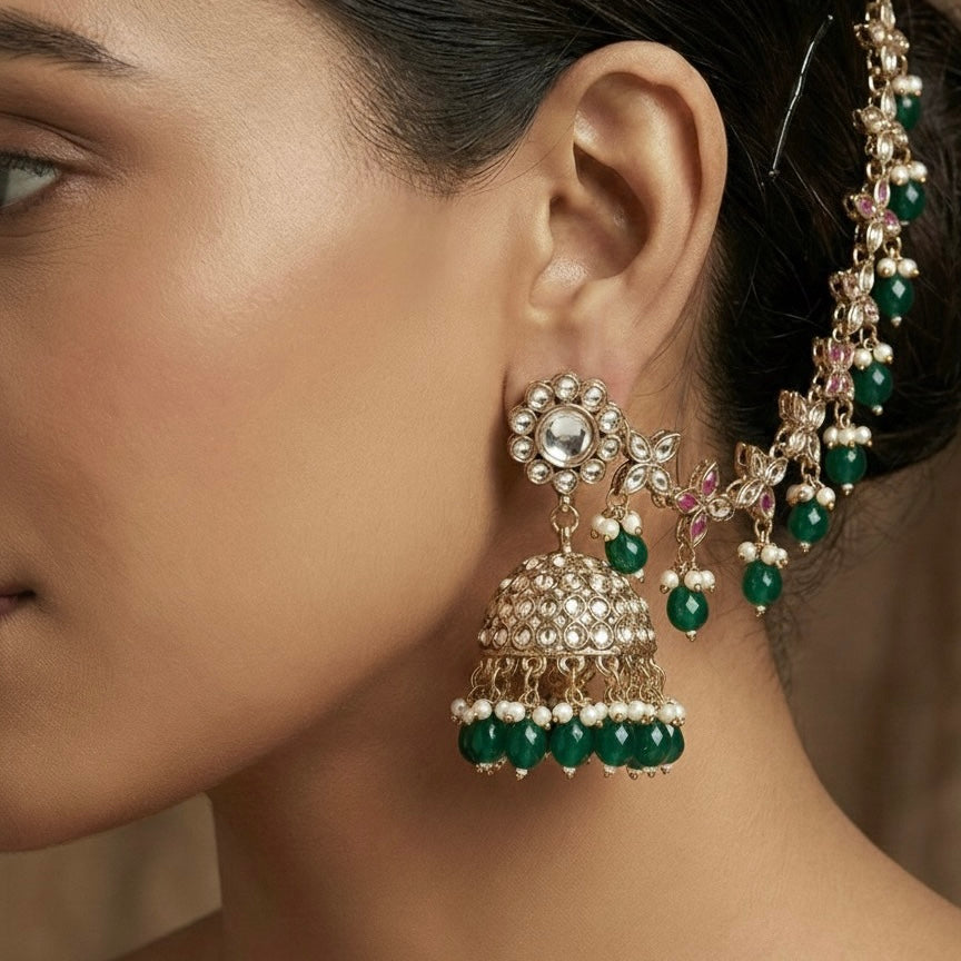 Kashi Kundan Jhumka Earrings with Sahara/Earchains - Green