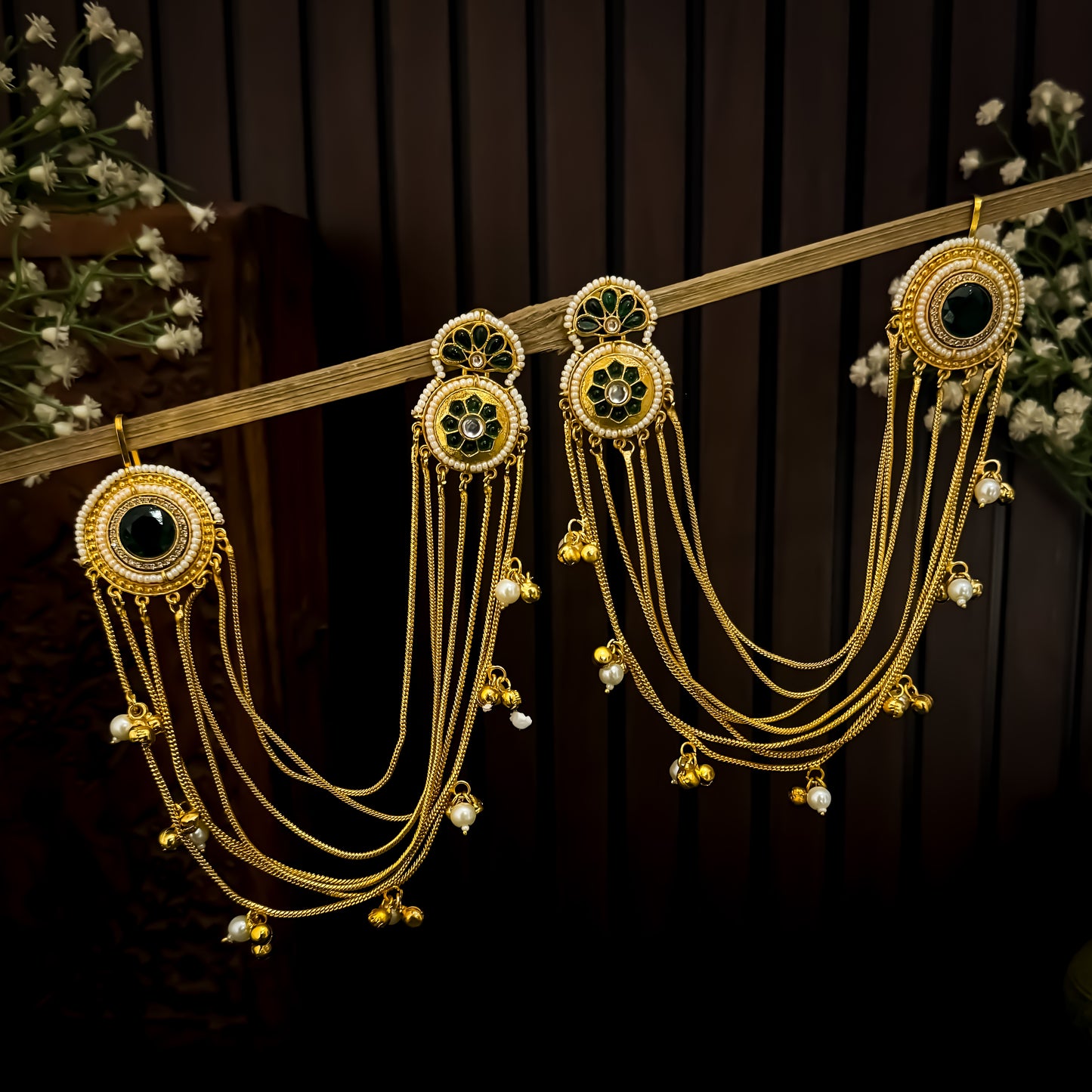 Aarunika Premium Kashmiri Brass Dejhoor Earrings with Sahara/Earchains - Green