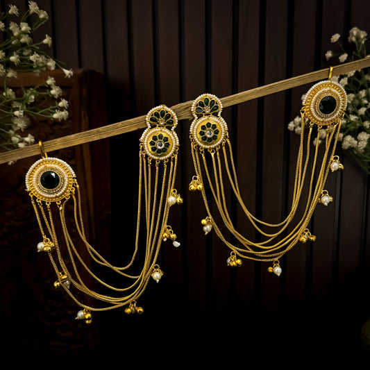 Aarunika Premium Kashmiri Brass Dejhoor Earrings with Sahara/Earchains - Green