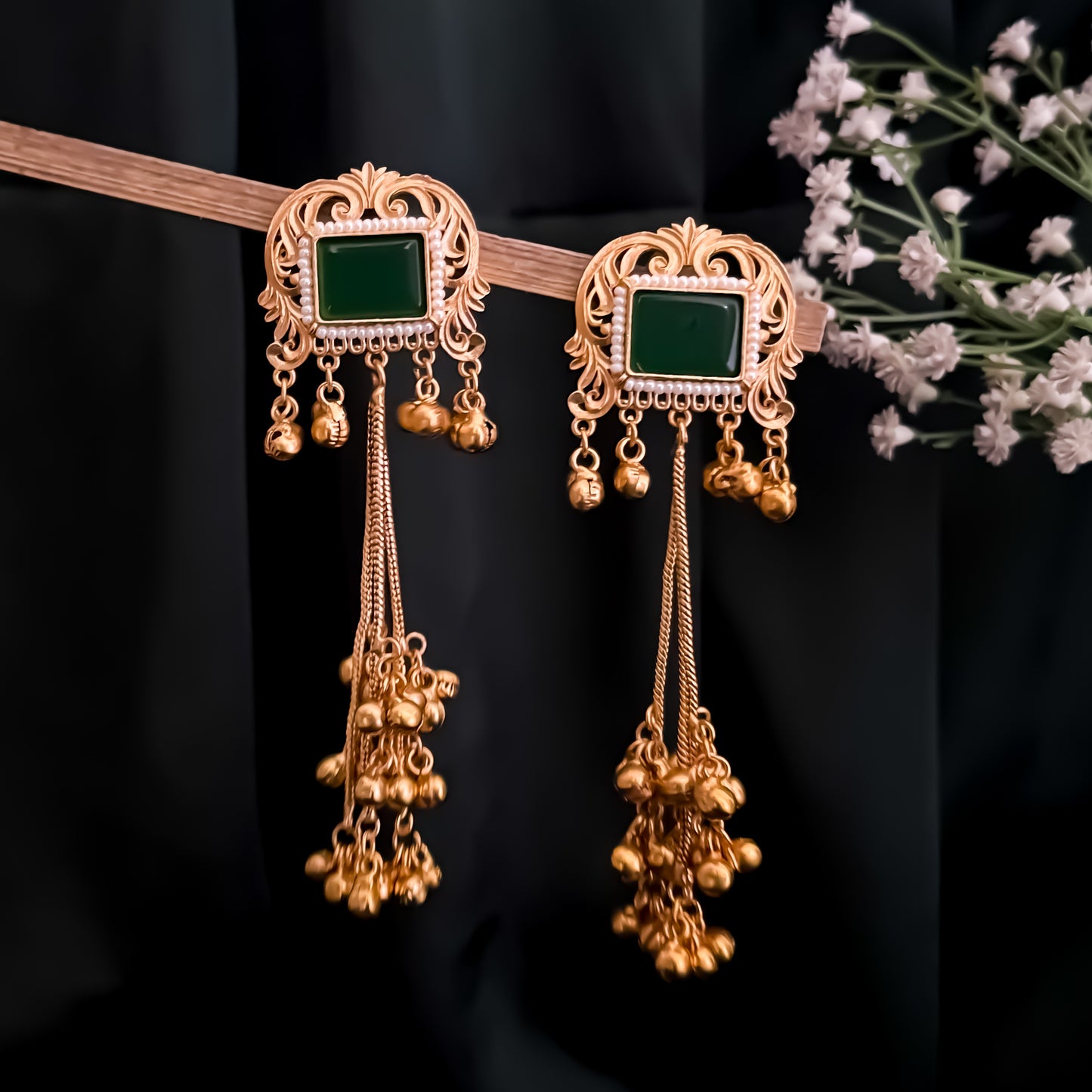 Kuntala Premium Kashmiri Brass Dejhoor Ghungroo Earrings - Golden & Green