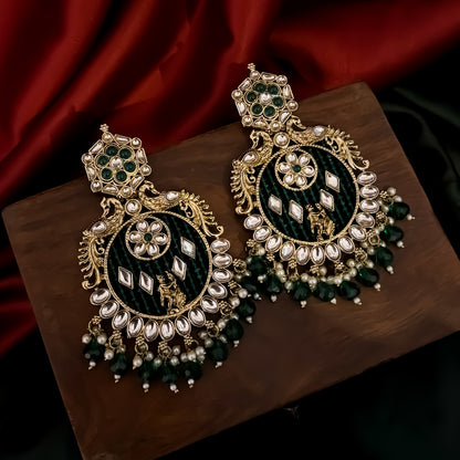 Dhwani Kundan Pearl Chandbali Earrings - Green