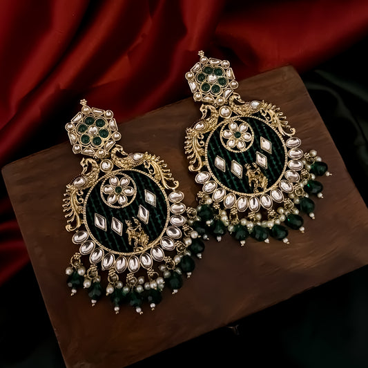 Dhwani Kundan Pearl Chandbali Earrings - Green