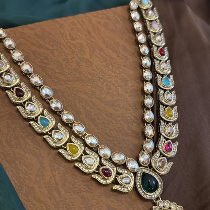 Ashiya Double Layer Designer Zircone Kundan Necklace Set - Multi