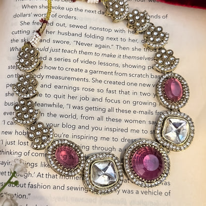Naira AD Polki Look Alike Necklace Set - Wine