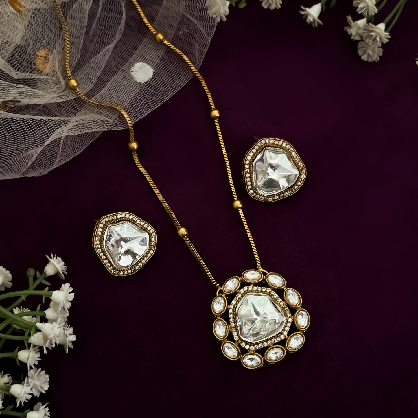 Miraya Polki AD Long Necklace Set with Earringa