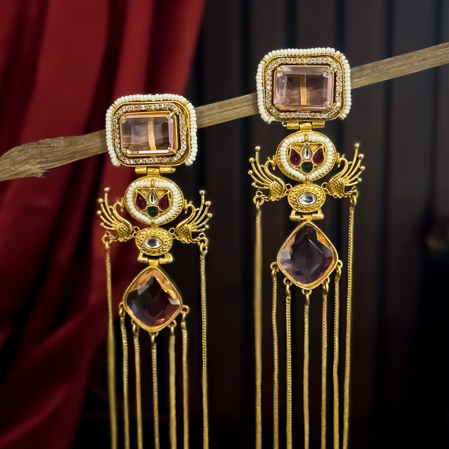 Rushali Premium Kashmiri Brass Doublet Stone & Ad Work Earring - Pastel Pink