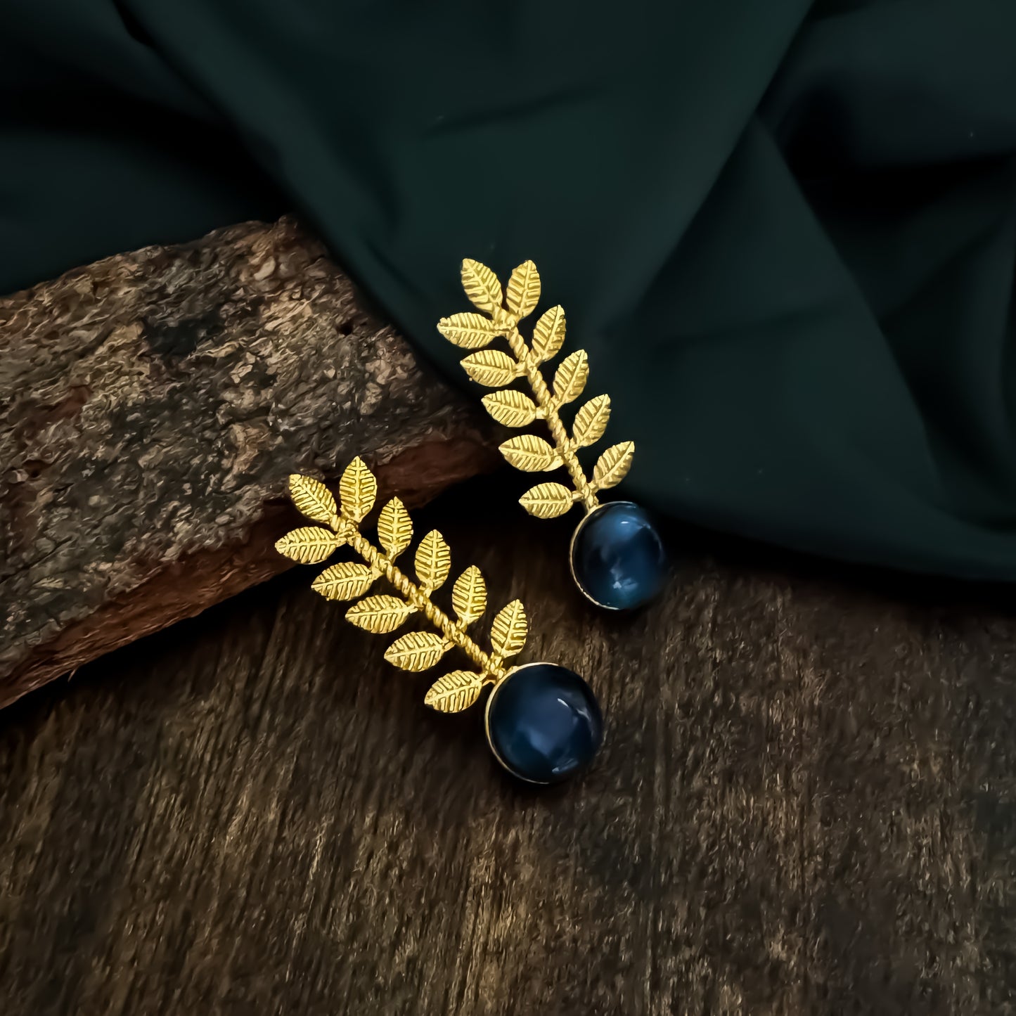 Lina Leaf Drop Handcrafted Brass Earrings - Blue