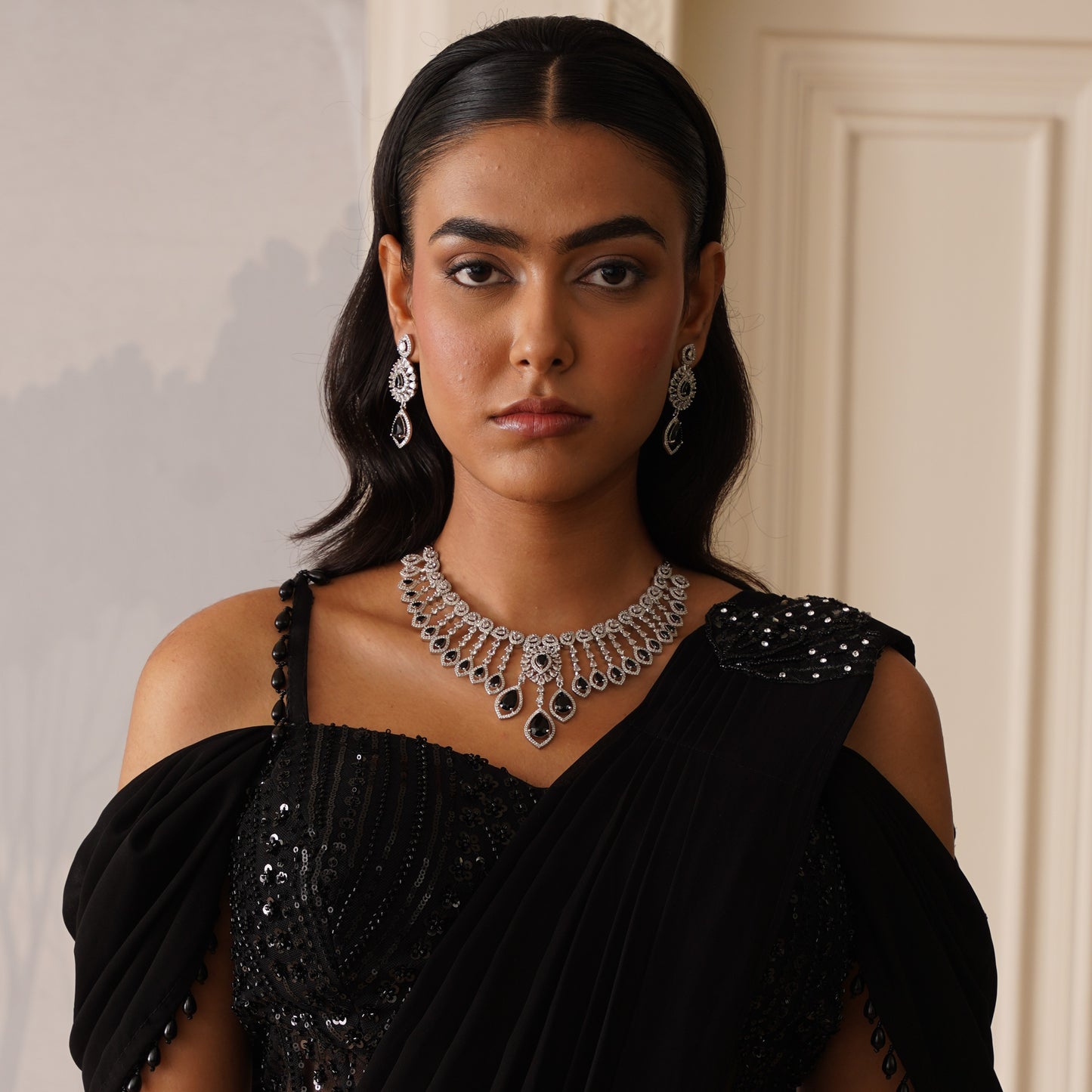 Ishrat AD Necklace Set - Black