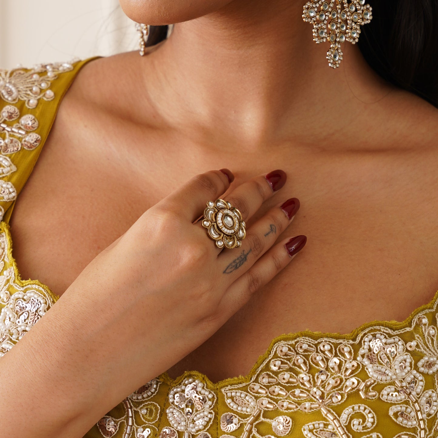 Yamini Dabi Kundan Adjustable Golden Ring