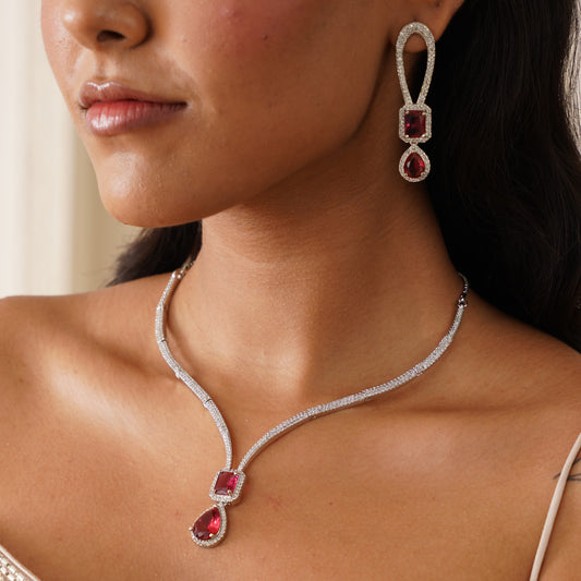 Deepika Inspired AD Necklace Set - Red