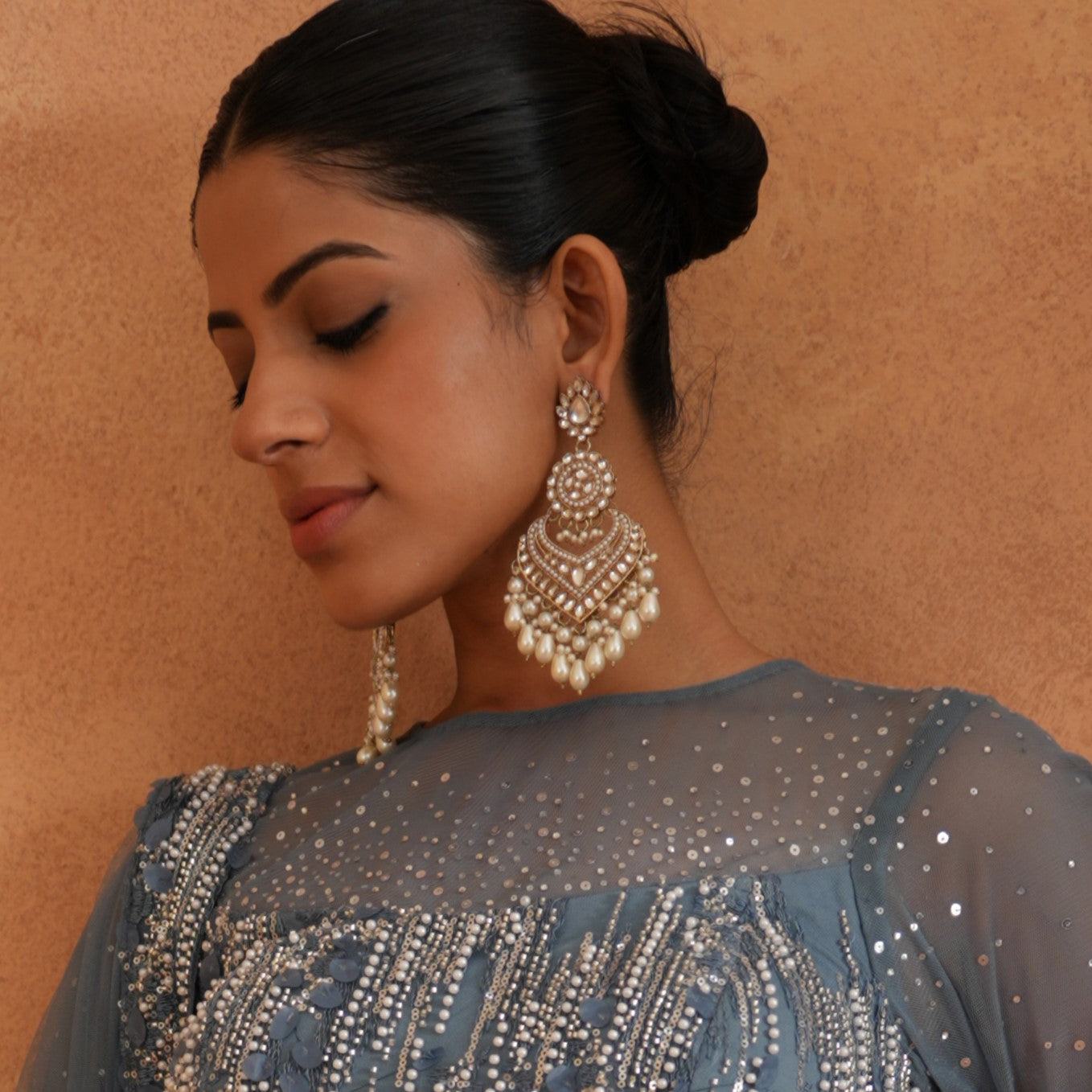 Shaba Jadau Kundan Chandbali Earrings - Golden