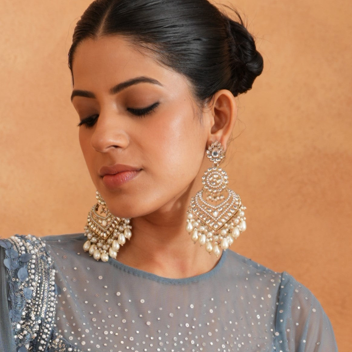 Shaba Jadau Kundan Chandbali Earrings - Golden