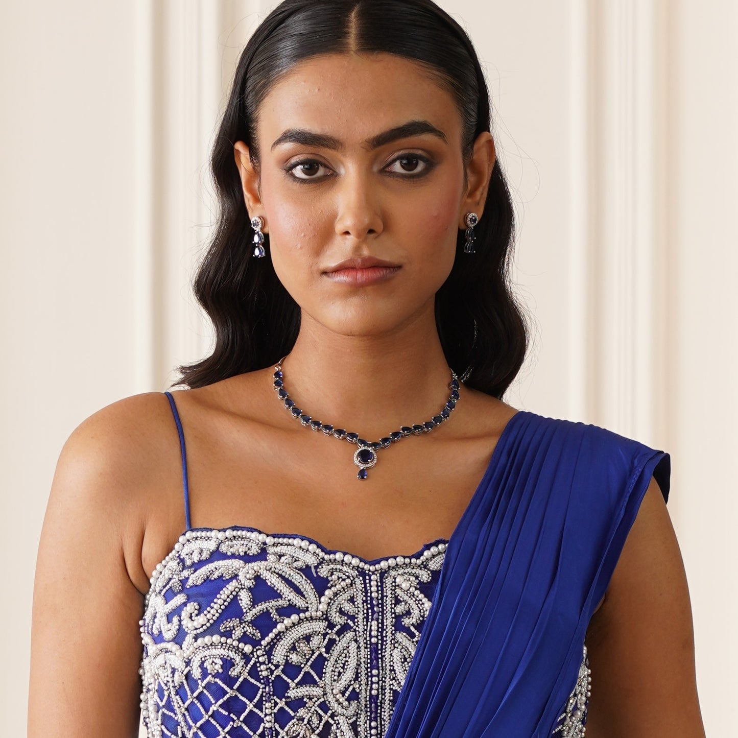 Eloise American Diamond Necklace Set- Royal Blue