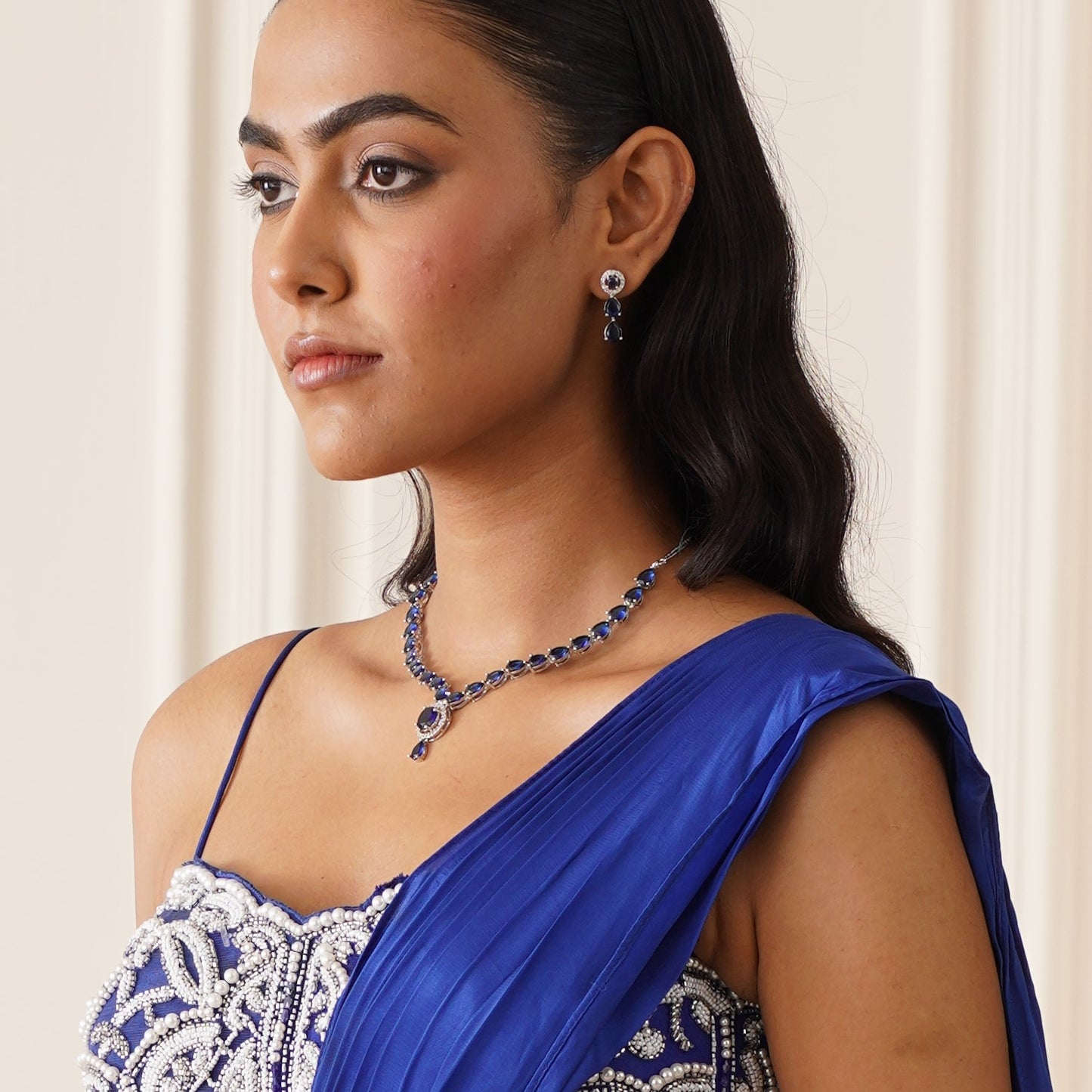 Eloise American Diamond Necklace Set- Royal Blue