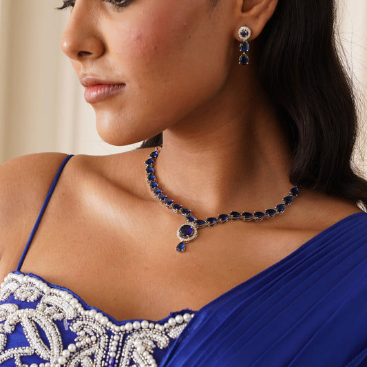 Eloise American Diamond Necklace Set- Royal Blue