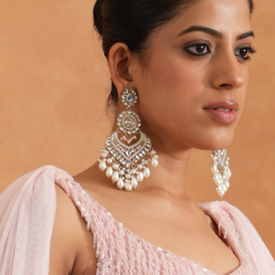 Shaba Jadau Kundan Chandbali Earrings - Golden