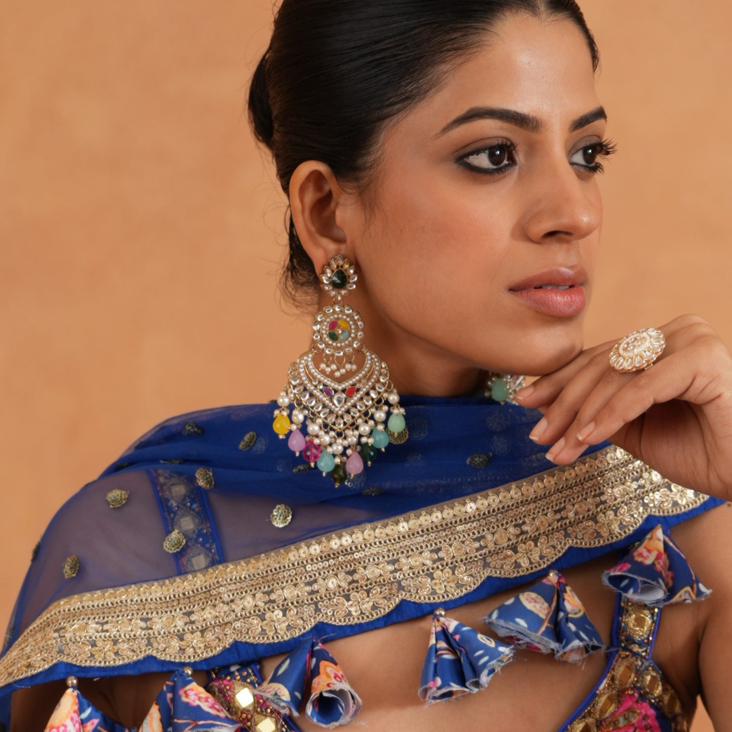Shaba Jadau Kundan Chandbali Earrings - Multi