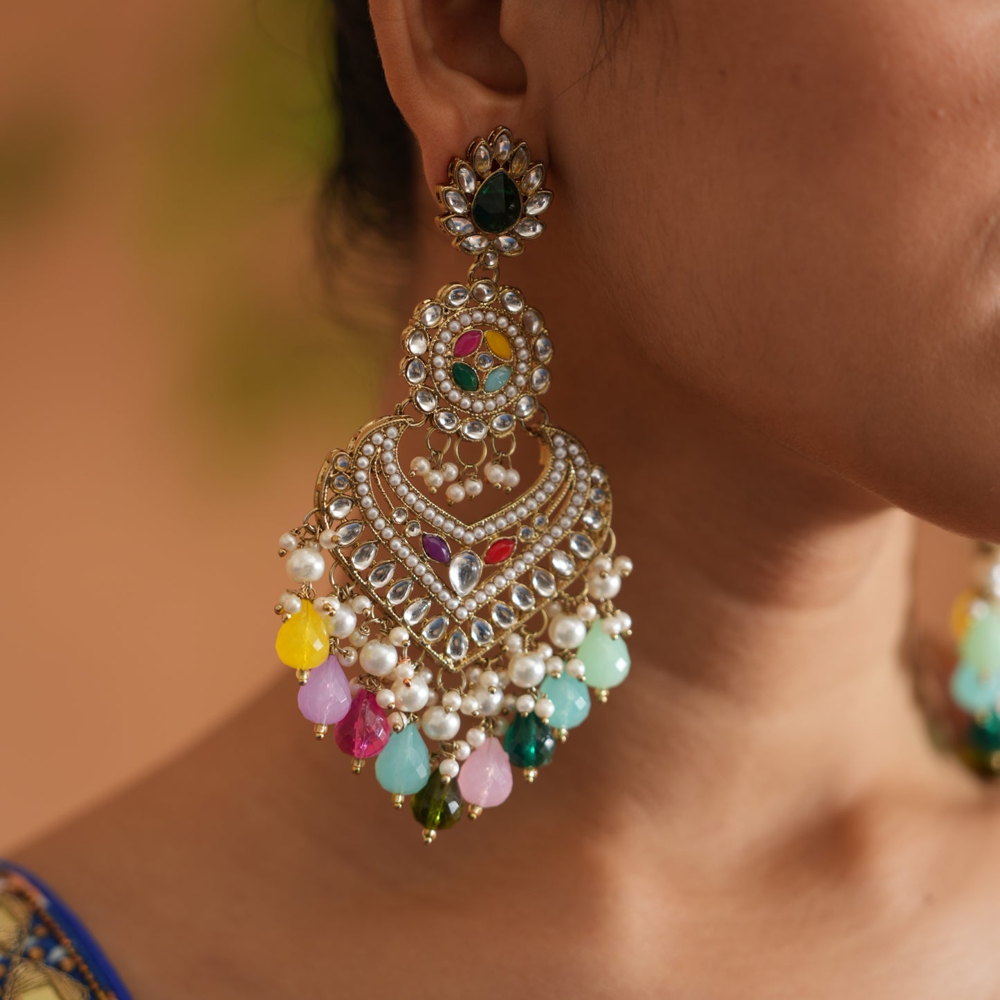Shaba Jadau Kundan Chandbali Earrings - Multi