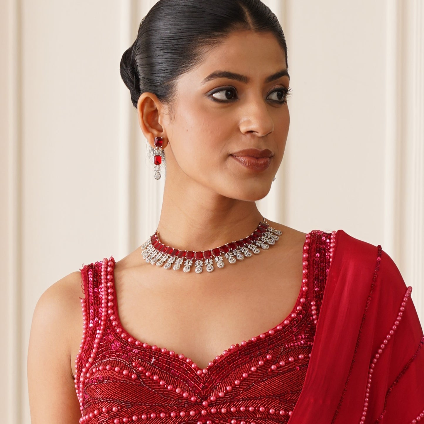 Sophine American Diamond Necklace Set - Maroon