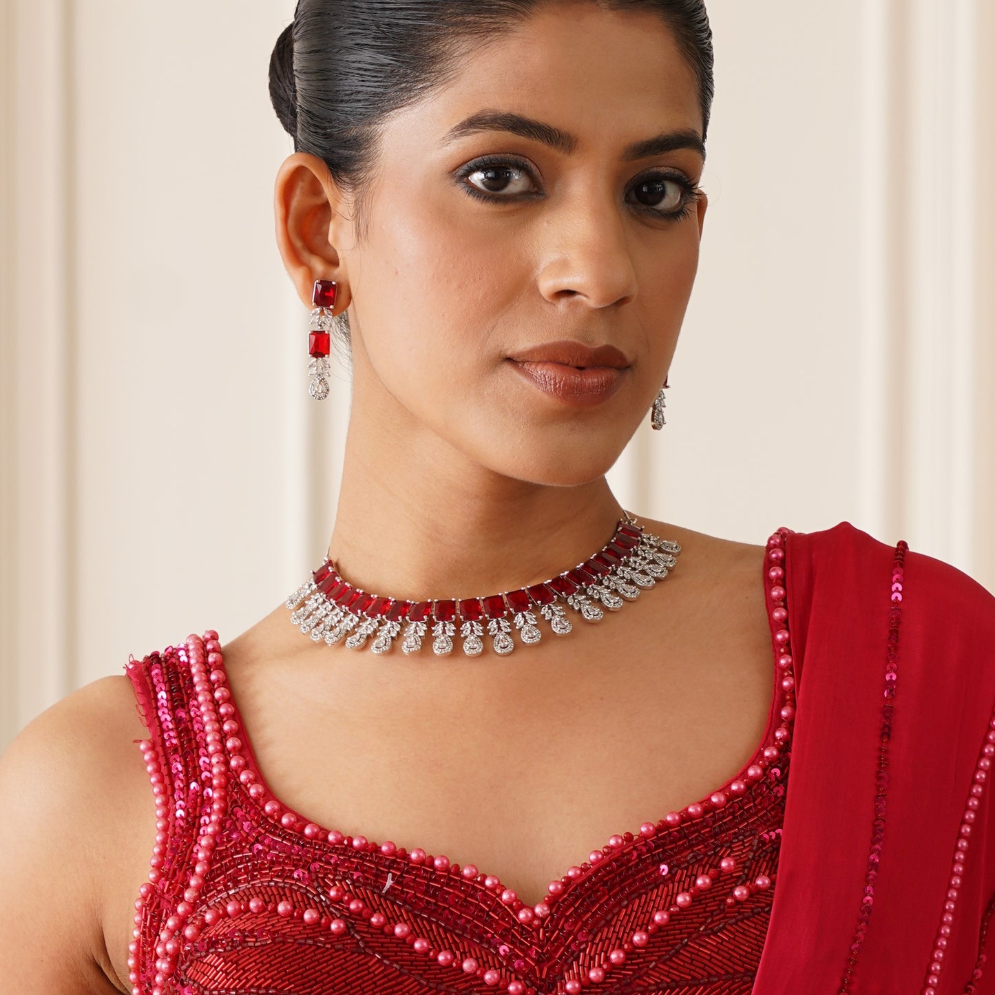 Sophine American Diamond Necklace Set - Maroon