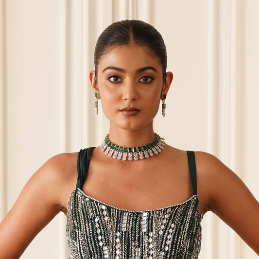 Sophine American Diamond Necklace Set - Emerald Green