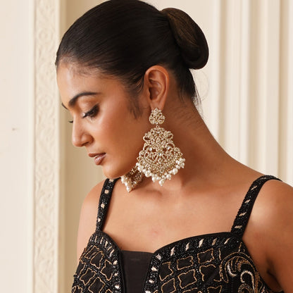 Shravya Jadau Chandbali Earrings - Golden