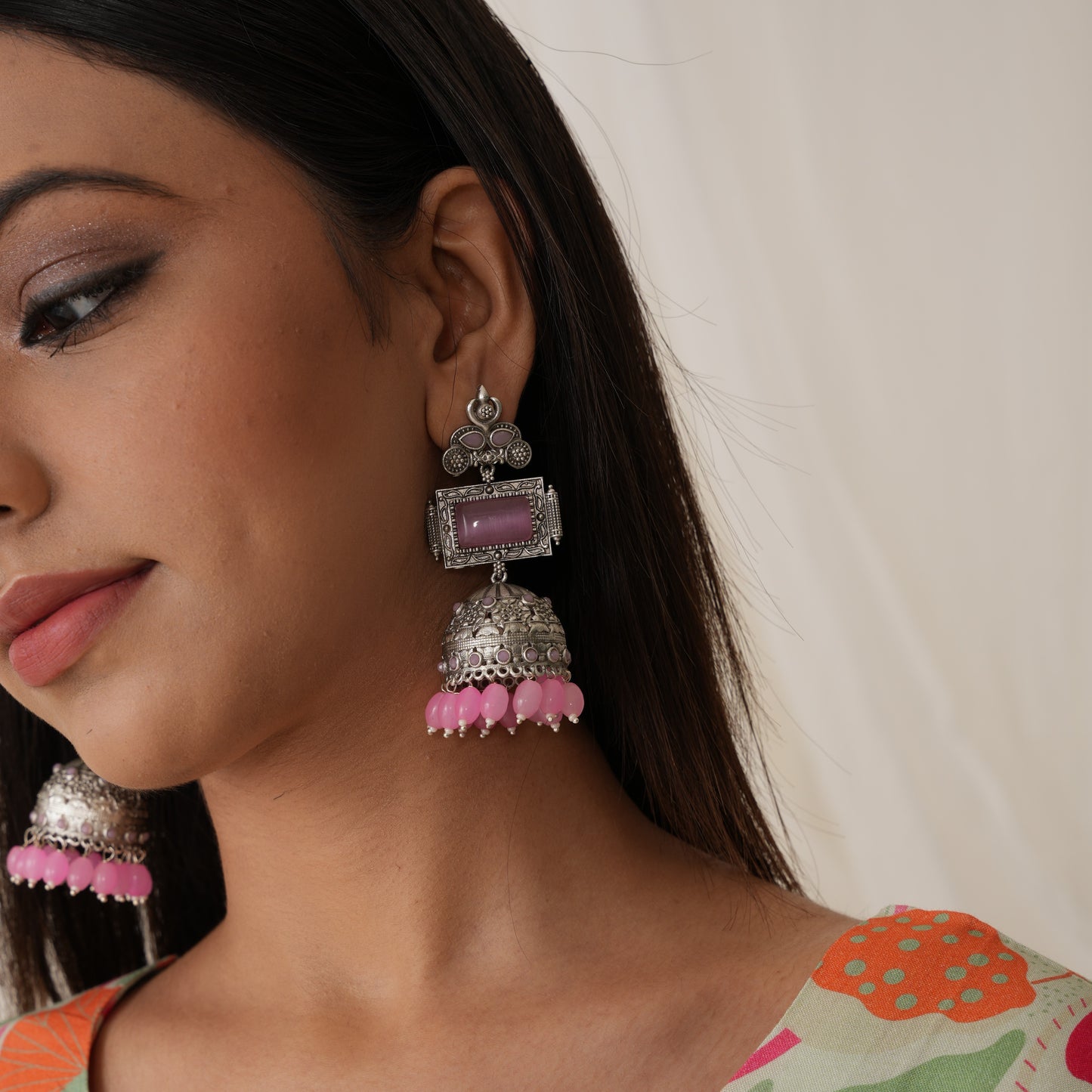 Shifat Silver Plated Brass Jhumka Earrings (Monalisa Stones)- Baby Pink