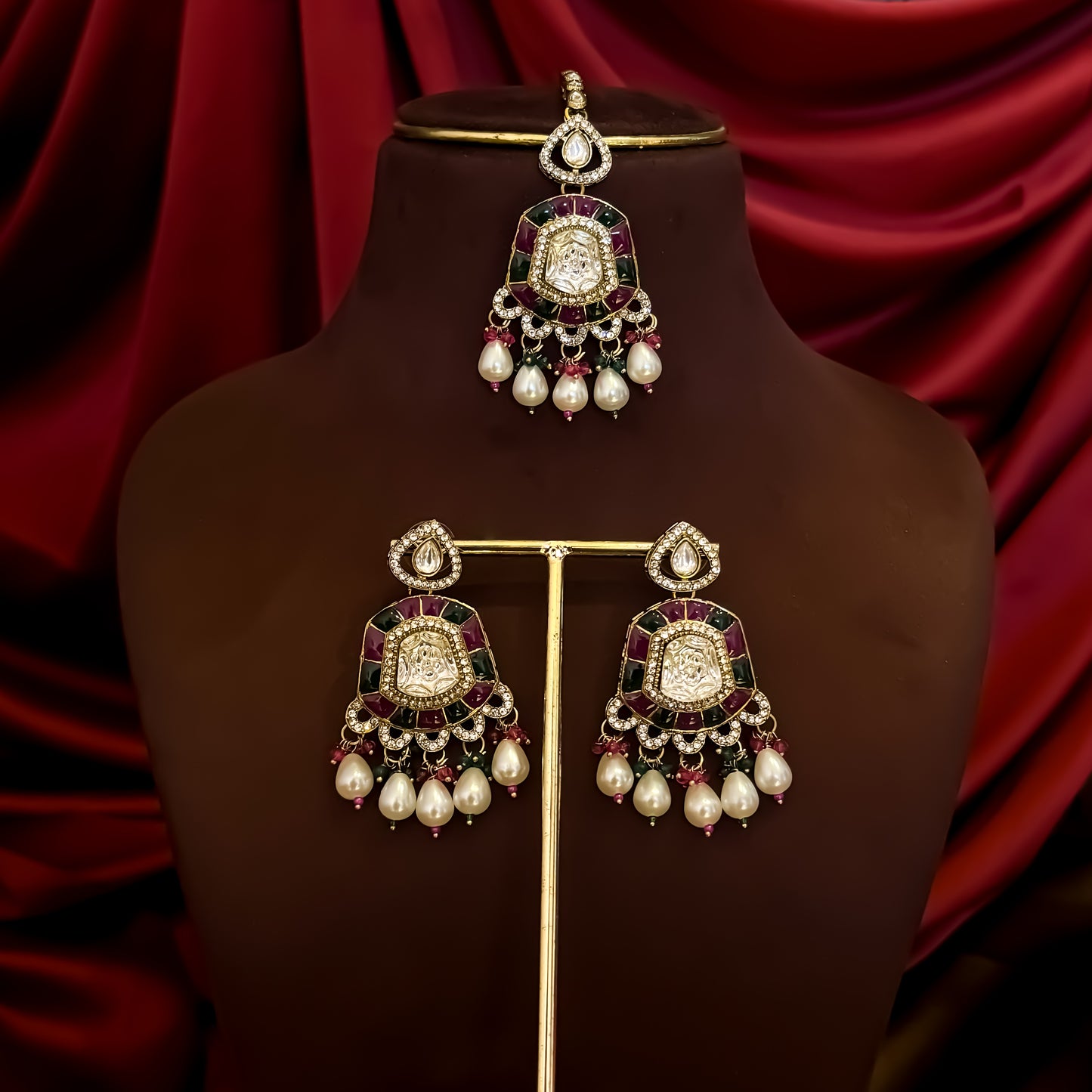 Tanishka Polki Premium Necklace Set - Pink & Green