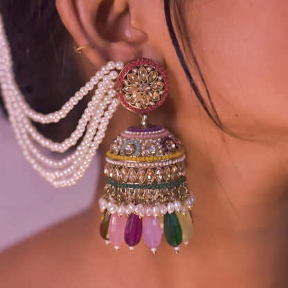 Rubina Jadau Reverse AD Jhumka Earrings with Earchain - Multi