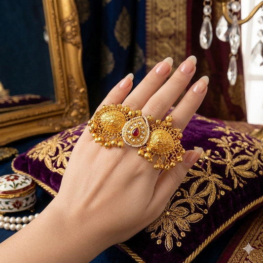 Kainaar Kashmiri Ghunghroo Adjustable Ring - Golden