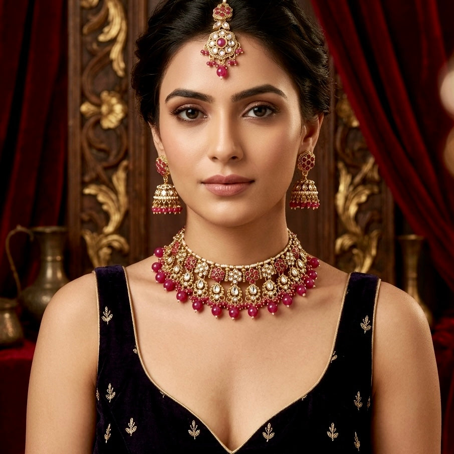 Etika premium antique gold kundan choker necklace set featuring scalloped clear crystal floral clusters white micro seed pearls and cascading deep emerald green teardrop bead fringes with matching jhumkas and maang tikka