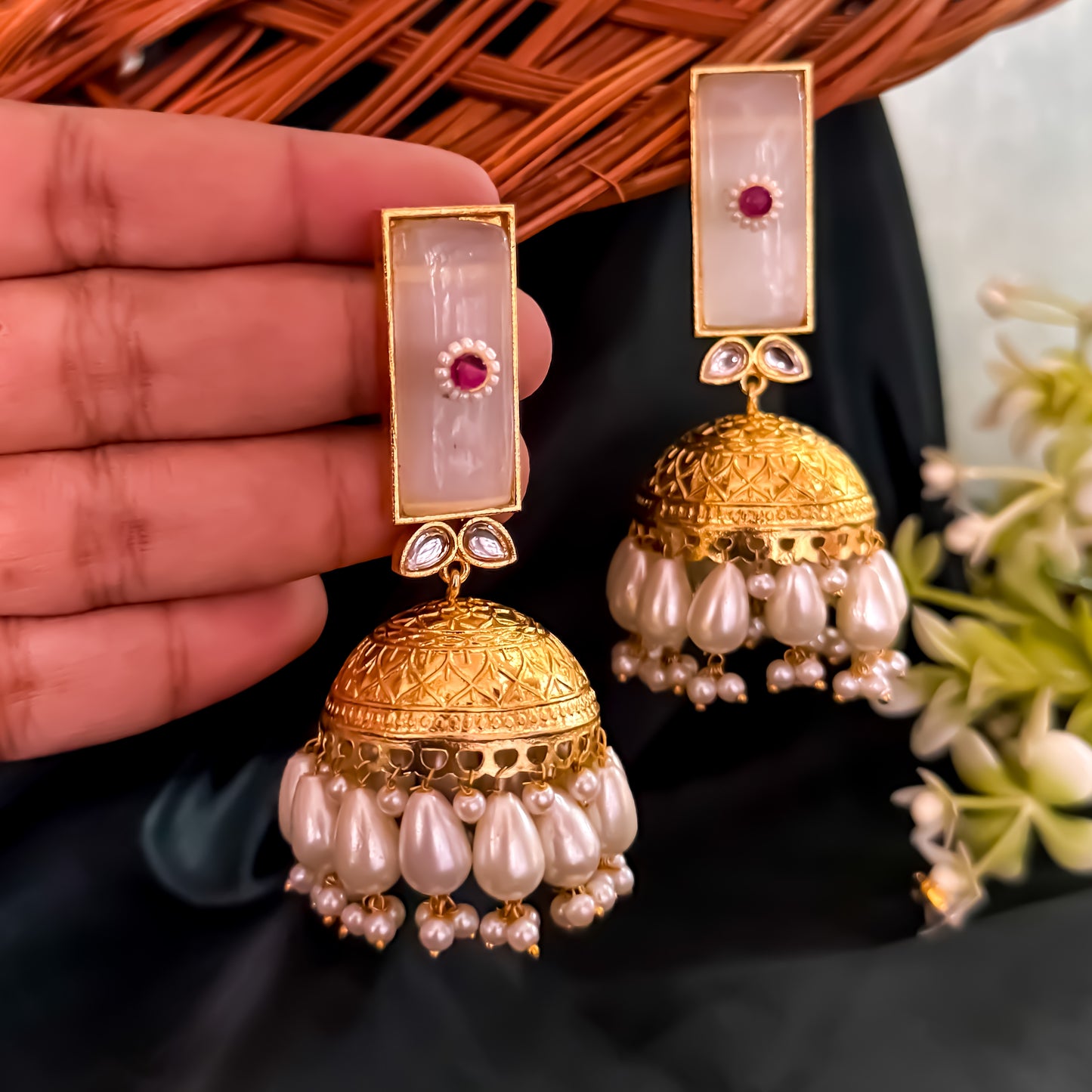 Veena Brass Monalisa Stone Jhumka Earrings - Fog White