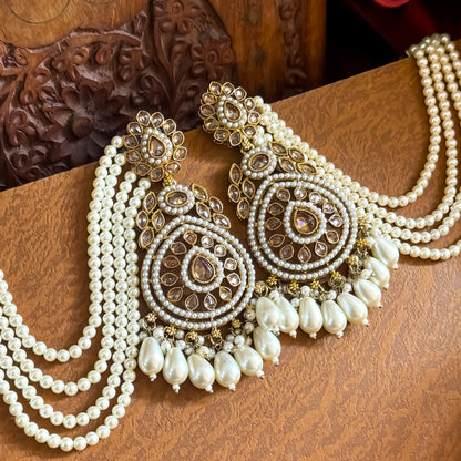 Kanika Jadau (Reverse AD)Chandbali Sahara Earrings & Mangtika Set - Ivory/Golden