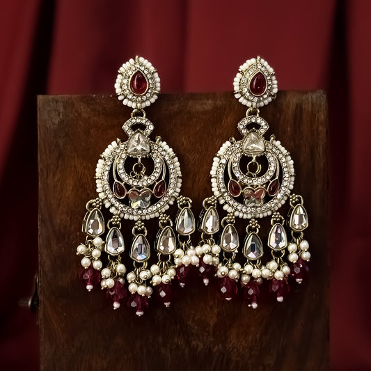 Athiya Kundan Pearl Premium Chandbali Earrings - Magenta Pink