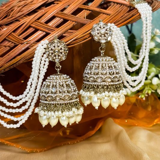 Mehvish Jadau Jhumka Earrings with Earchain - Golden