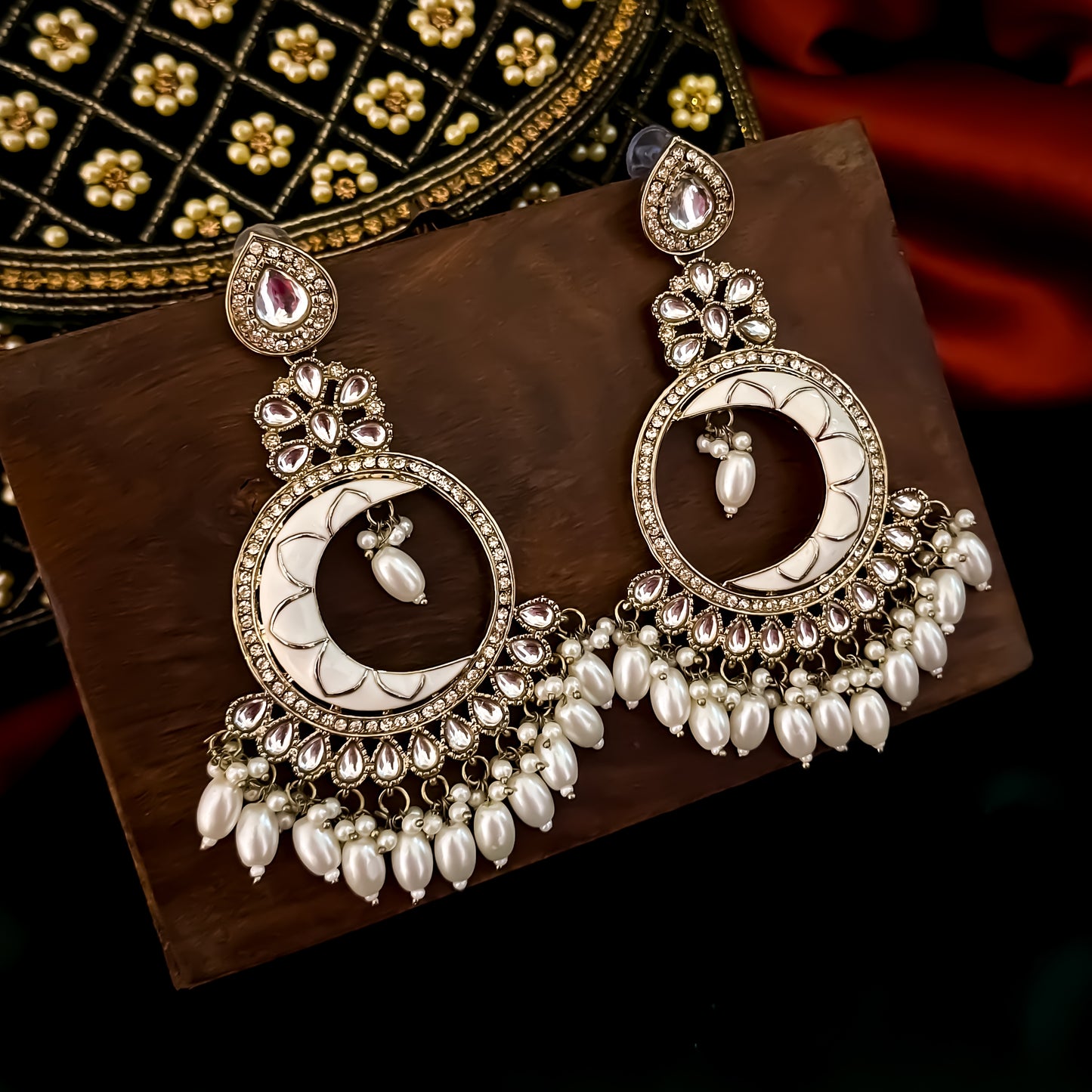Kunica Kundan Pearl Chandbali Earrings - Golden