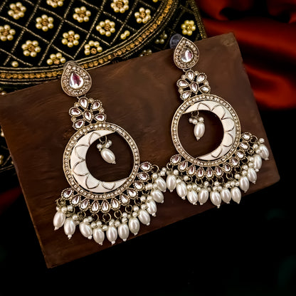Kunica Kundan Pearl Chandbali Earrings - Golden