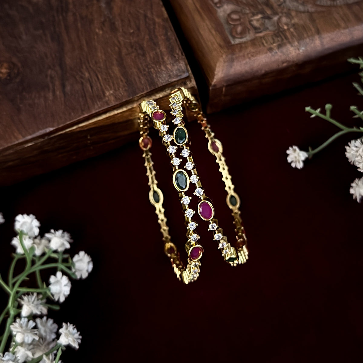 Pink & Green Dhara Premium AD Bangles (Set of 2)
