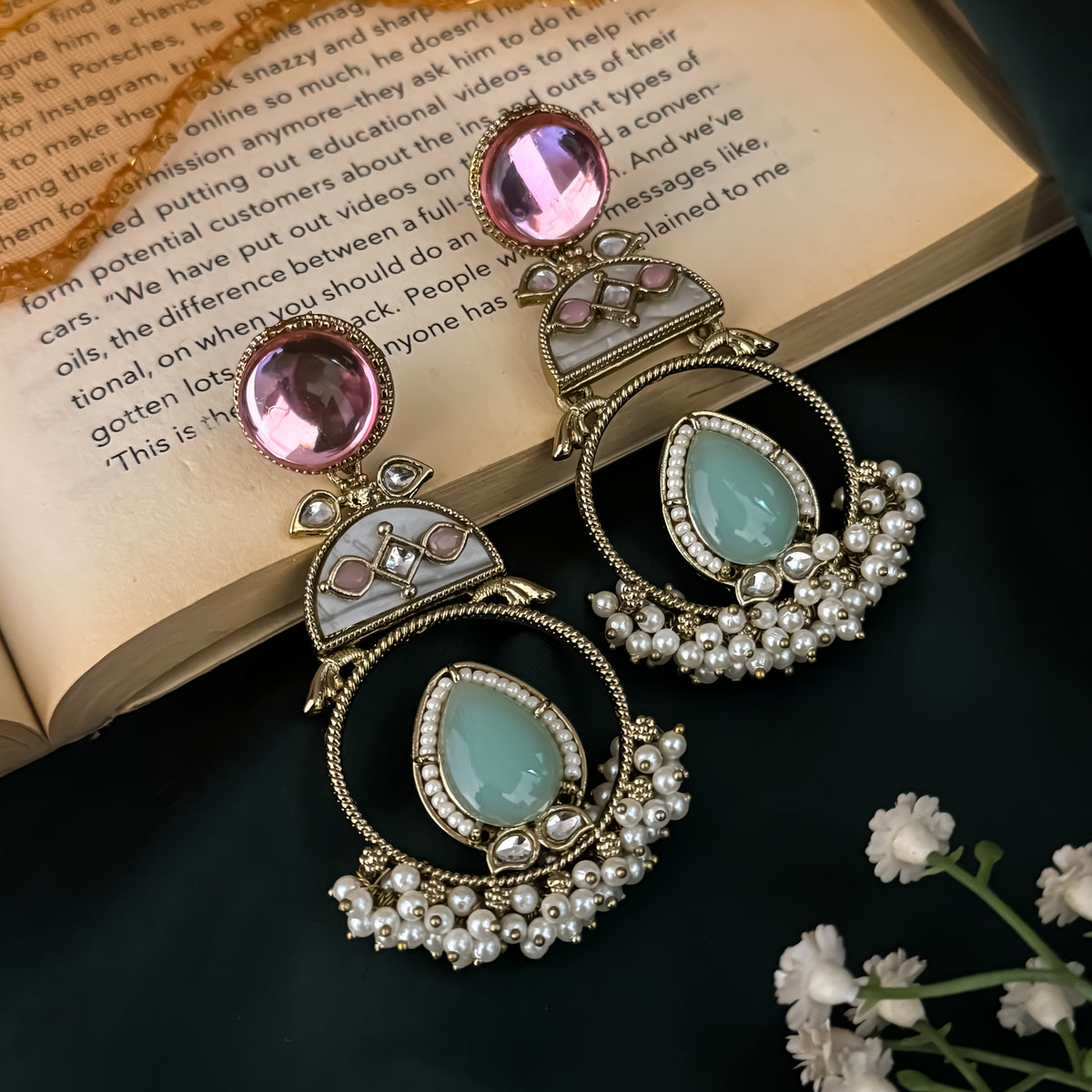 Pastel Pink & Green Nishi Kundan Ganthan Chandbali Earrings