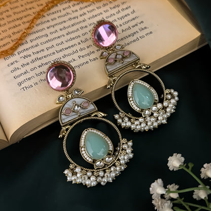 Pastel Pink & Green Nishi Kundan Ganthan Chandbali Earrings