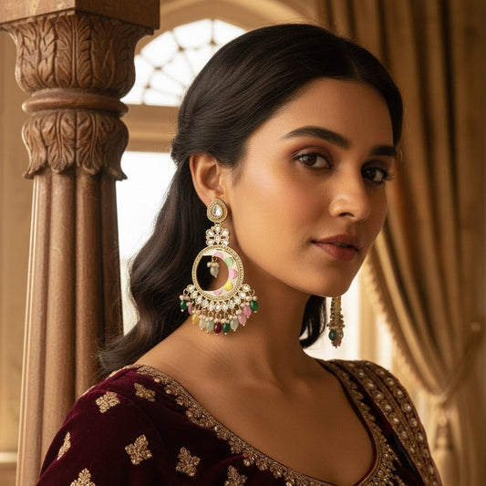 Kunica Kundan Pearl Chandbali Earrings - Multi