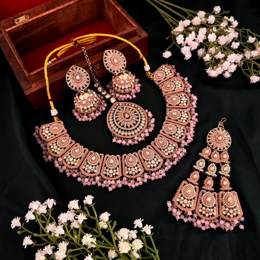 Sahana Jadau Preminum Reverse AD Gantnan Necklace Set with Teeka & Pasha - Baby Pink