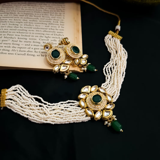 Shree Kundan Pearl Necklace Set - Green