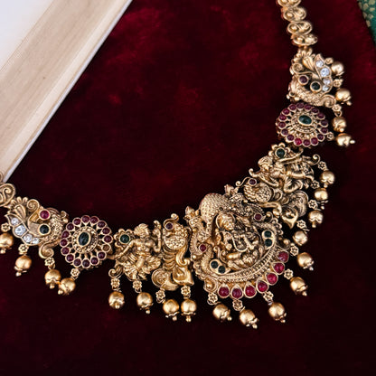 Maheshwari Lakshmi Temple Necklace Set - Pink & Green