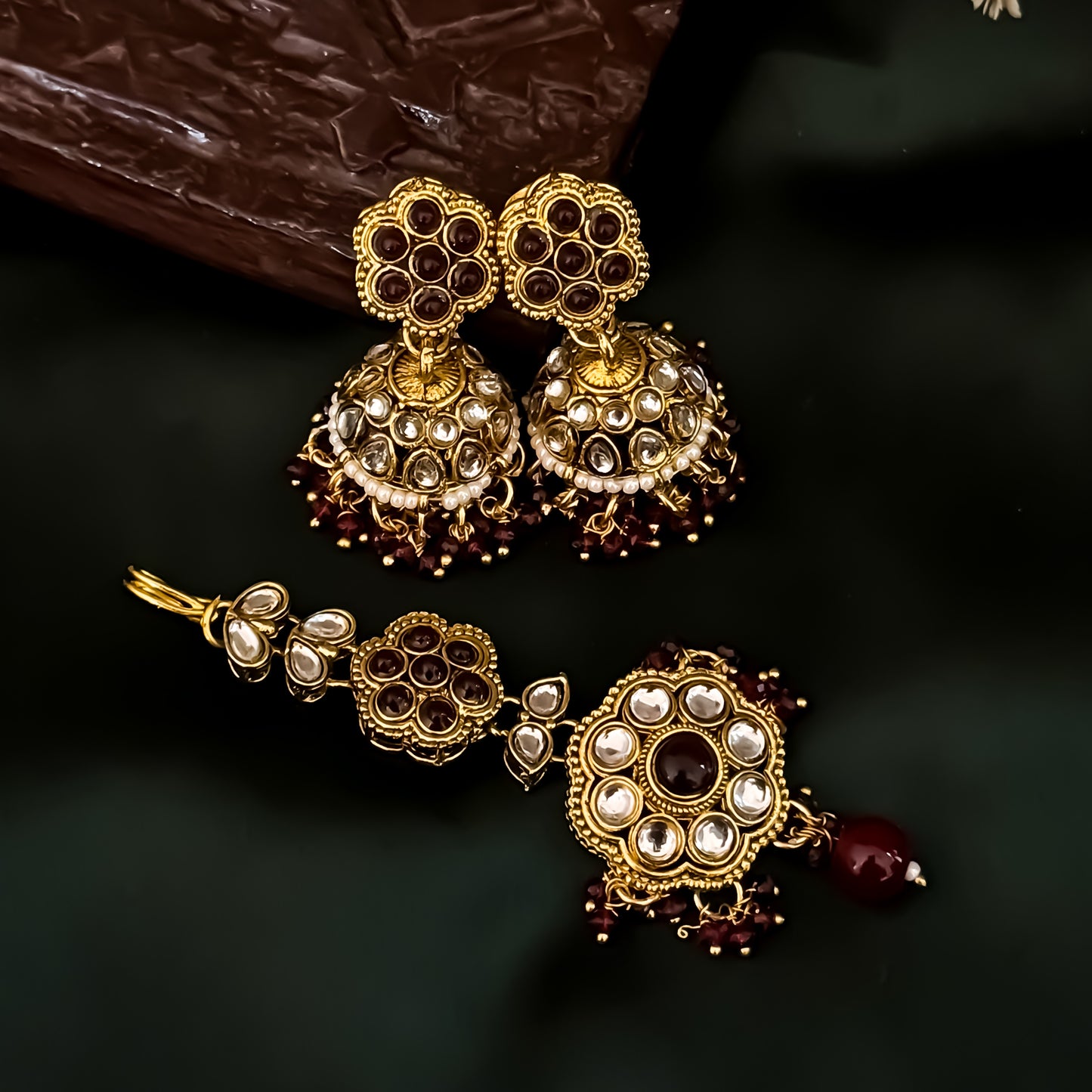 Etika Premium Kundan Necklace Set - Maroon